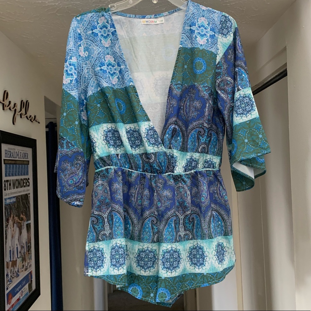 Blue/Green deep V neck romper